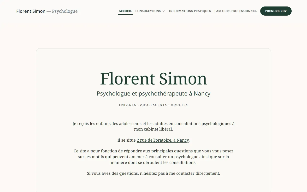 Site vitrine psychologue Florent Simon à Nancy — accueil et prise de contact