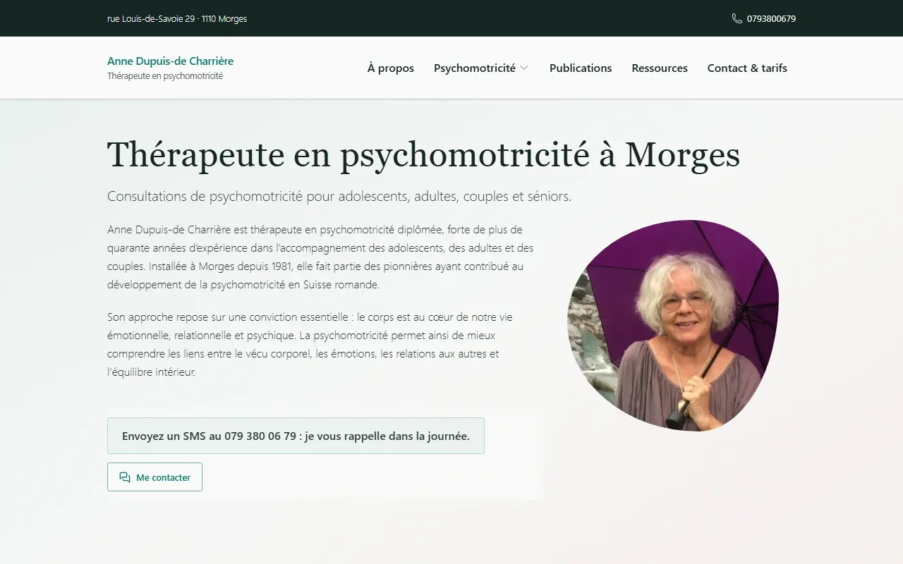 Site vitrine psychomotricité Anne Dupuis-de Charrière à Morges — accueil et prise de contact